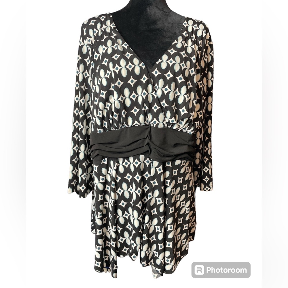 Cato Black, White, Teal Cross Over 3/4 Sleeve Blouse